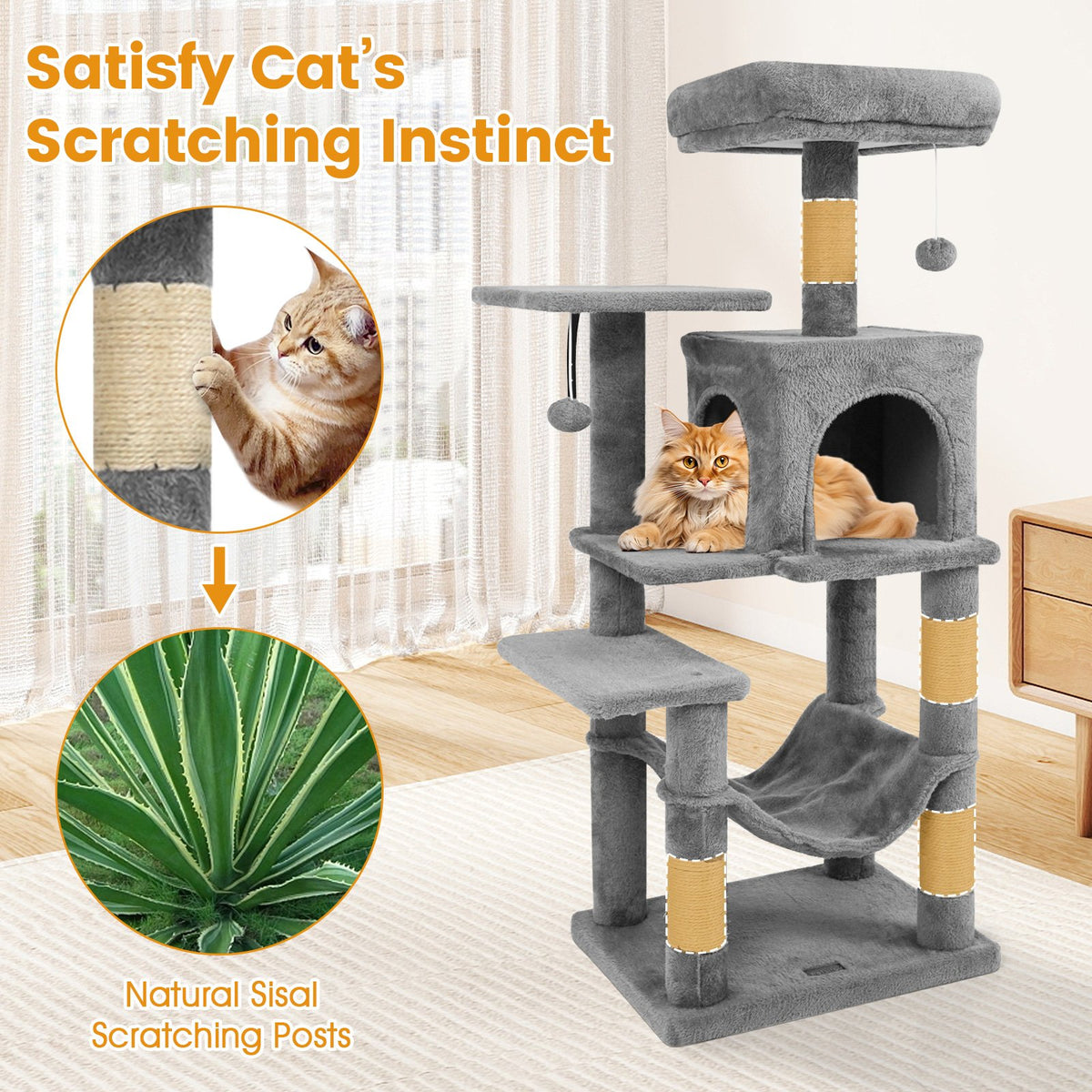 Multi-Level Cat Tower with 2-Door Condo and Padded Top Perch-Light Gray view 7