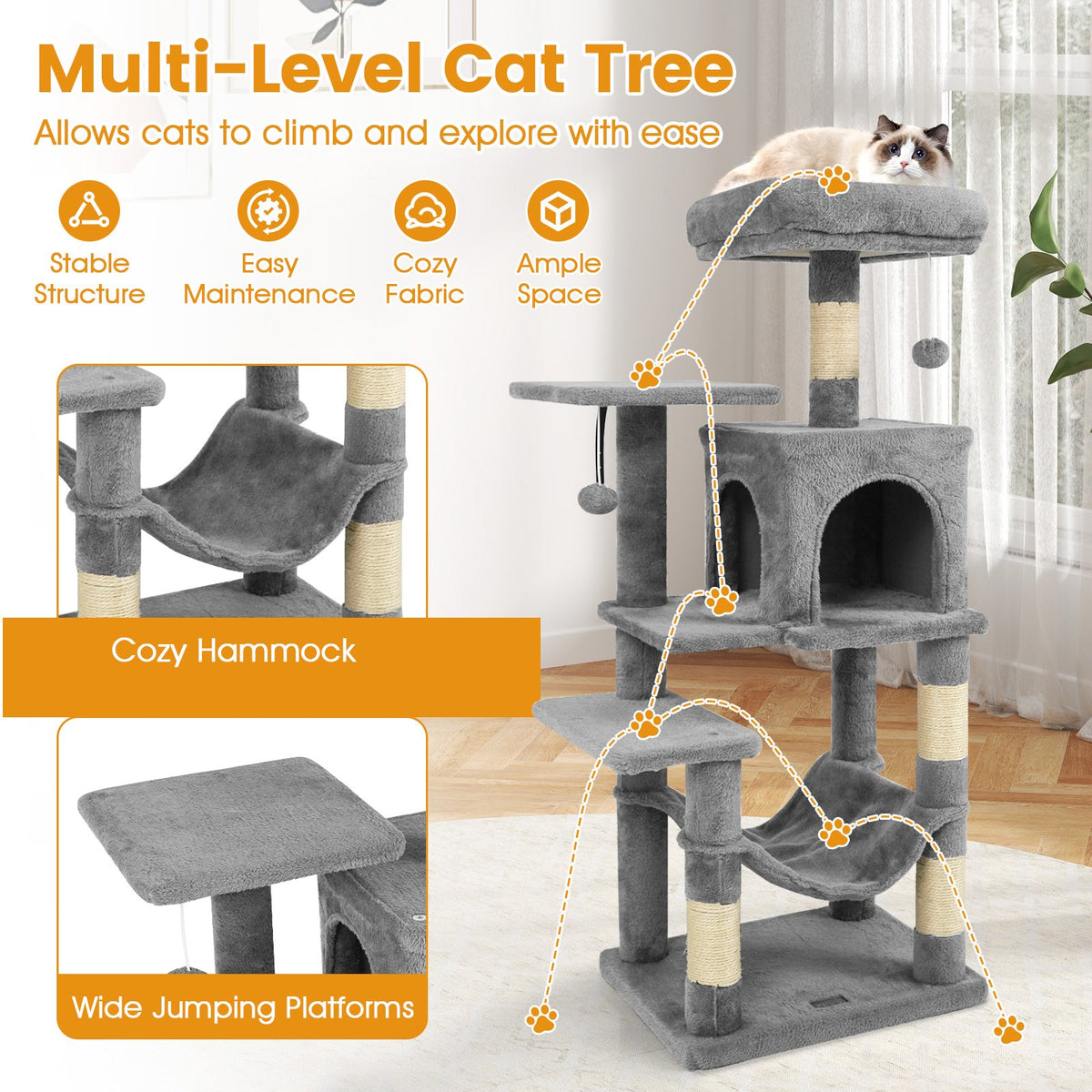 Multi-Level Cat Tower with 2-Door Condo and Padded Top Perch-Light Gray view 8