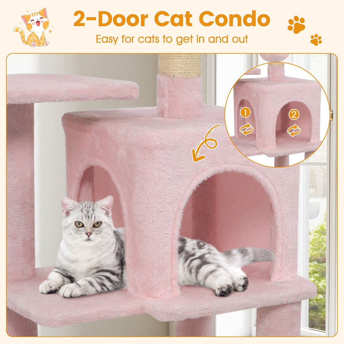 Multi-Level Cat Tower with 2-Door Condo and Padded Top Perch-Pink view 7