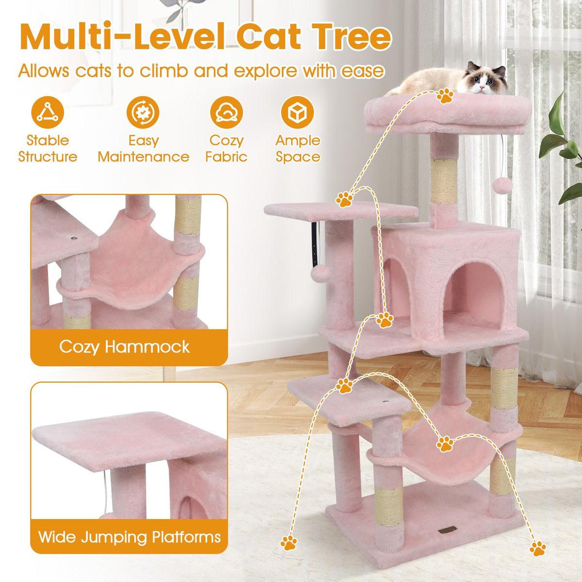 Multi-Level Cat Tower with 2-Door Condo and Padded Top Perch-Pink view 9