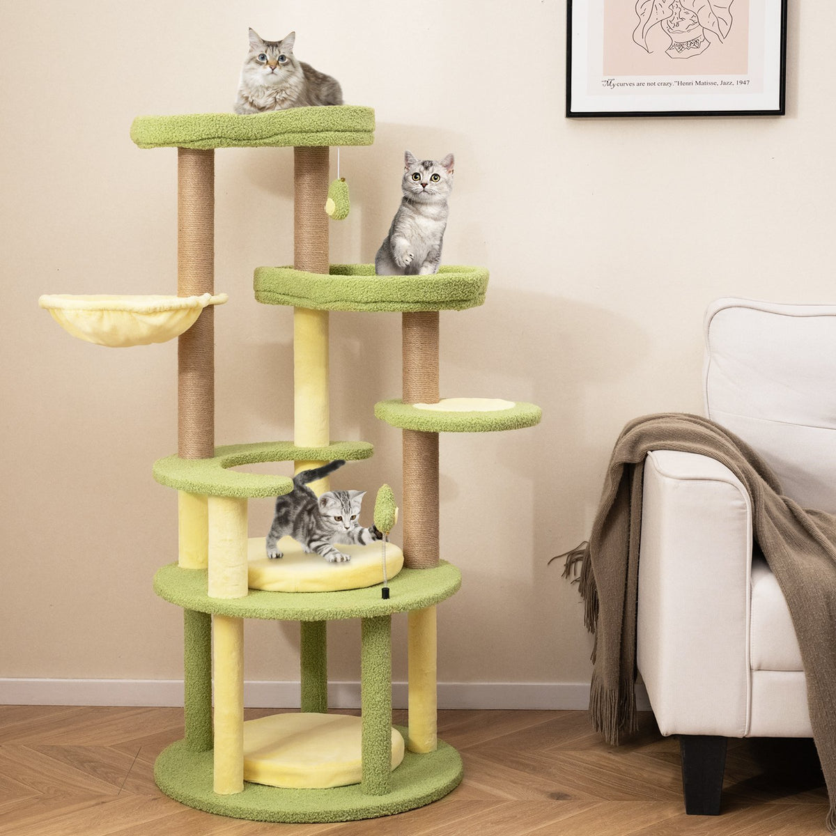 Multi-level Cat Tree Avocado Theme Cat Tower with Wide Perch Rotatable Basket-Green view 3