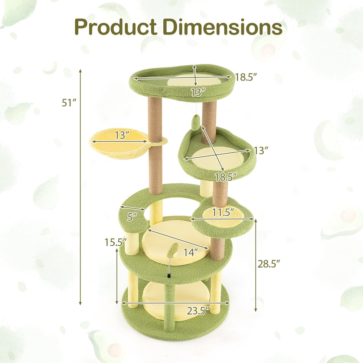 Multi-level Cat Tree Avocado Theme Cat Tower with Wide Perch Rotatable Basket-Green view 5