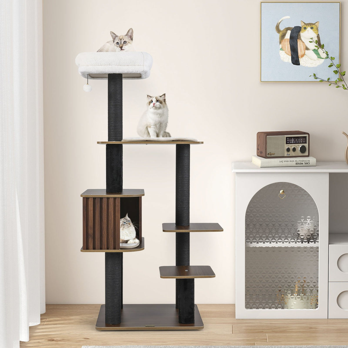 Multi-level Cat Tree for Indoor Cat 59.5 inch Tall Cat Tower with Cushion Top Perch-Brown view 2