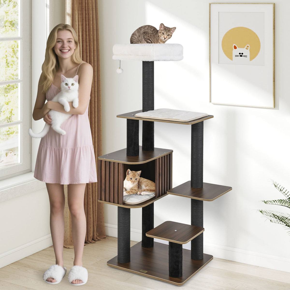 Multi-level Cat Tree for Indoor Cat 59.5 inch Tall Cat Tower with Cushion Top Perch-Brown view 3
