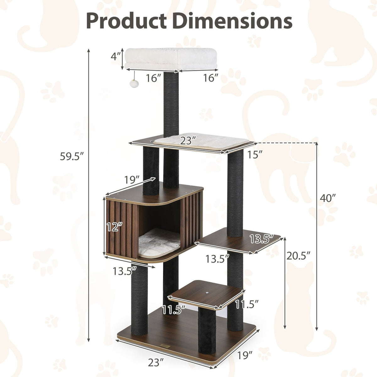 Multi-level Cat Tree for Indoor Cat 59.5 inch Tall Cat Tower with Cushion Top Perch-Brown view 5