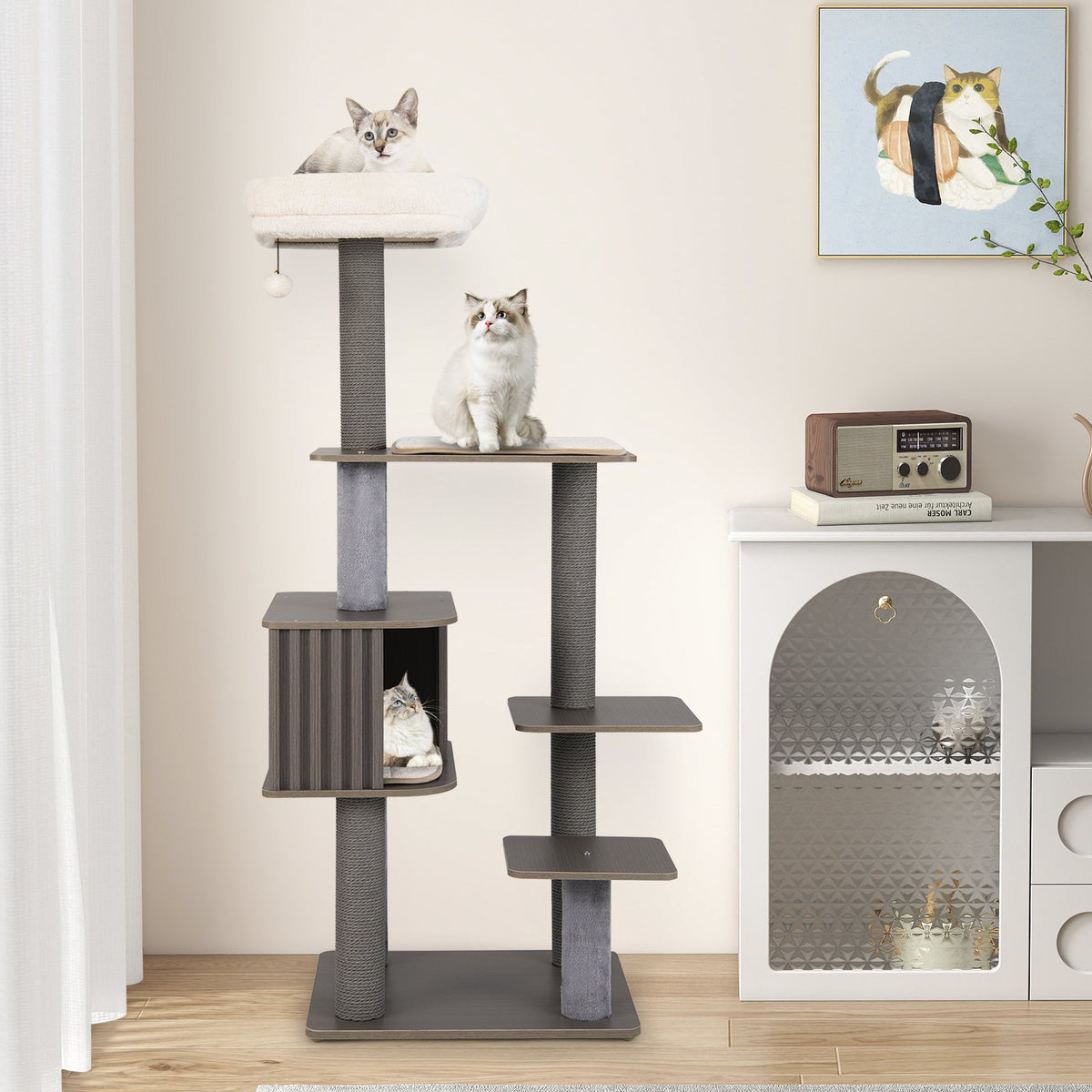 Multi-level Cat Tree for Indoor Cat 59.5 inch Tall Cat Tower with Cushion Top Perch-Gray view 2