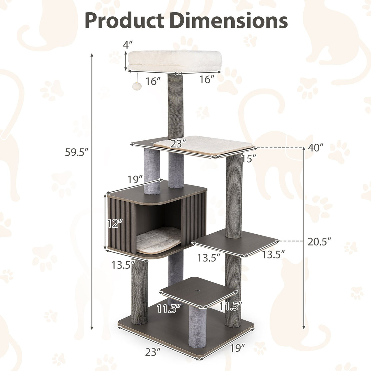Multi-level Cat Tree for Indoor Cat 59.5 inch Tall Cat Tower with Cushion Top Perch-Gray view 5