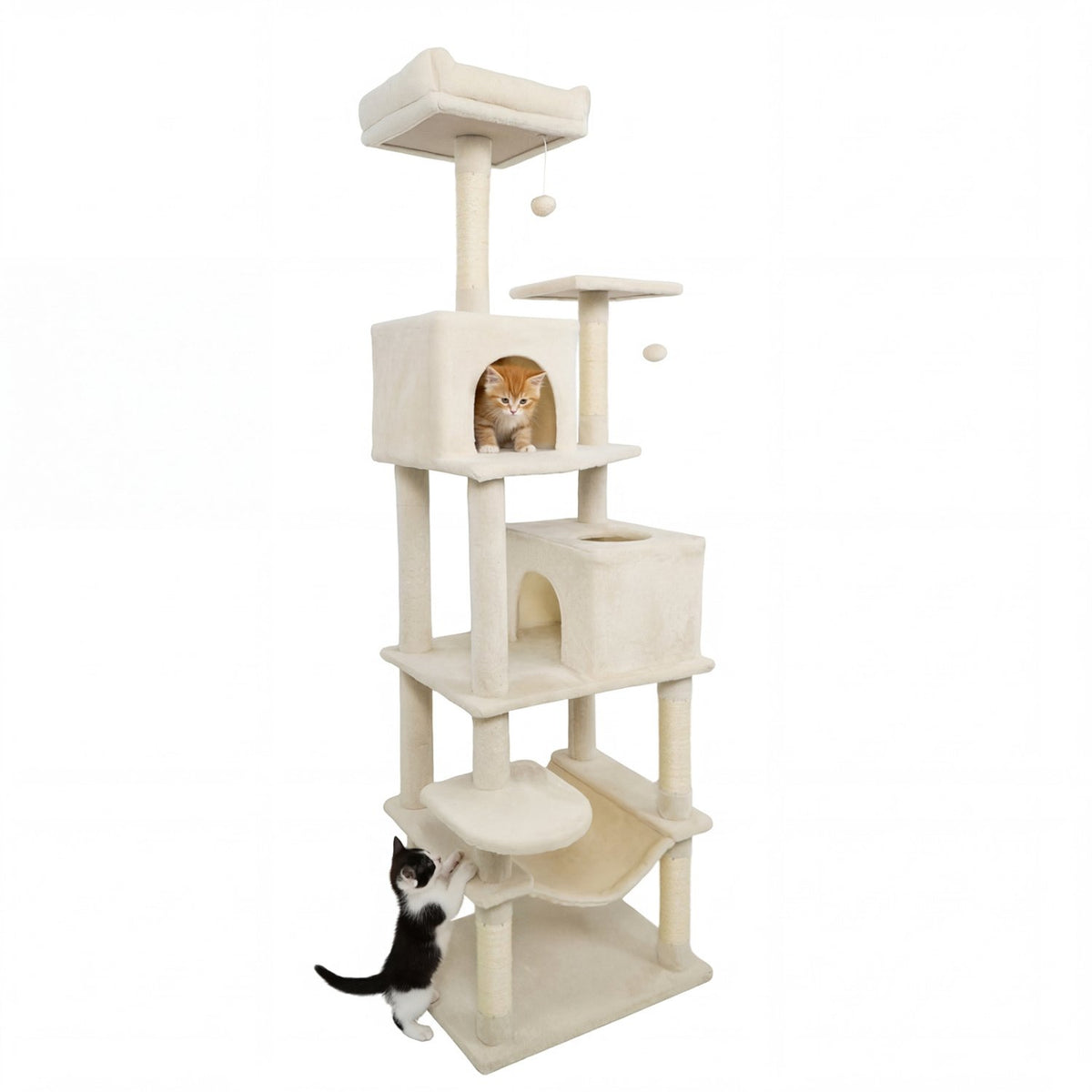Multi-level Cat Tree Modern Cat Tower with Upholstered Perch and 2 Cat Condo-Beige