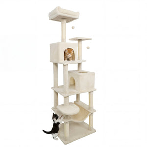 Multi-level Cat Tree Modern Cat Tower with Upholstered Perch and 2 Cat Condo-Beige