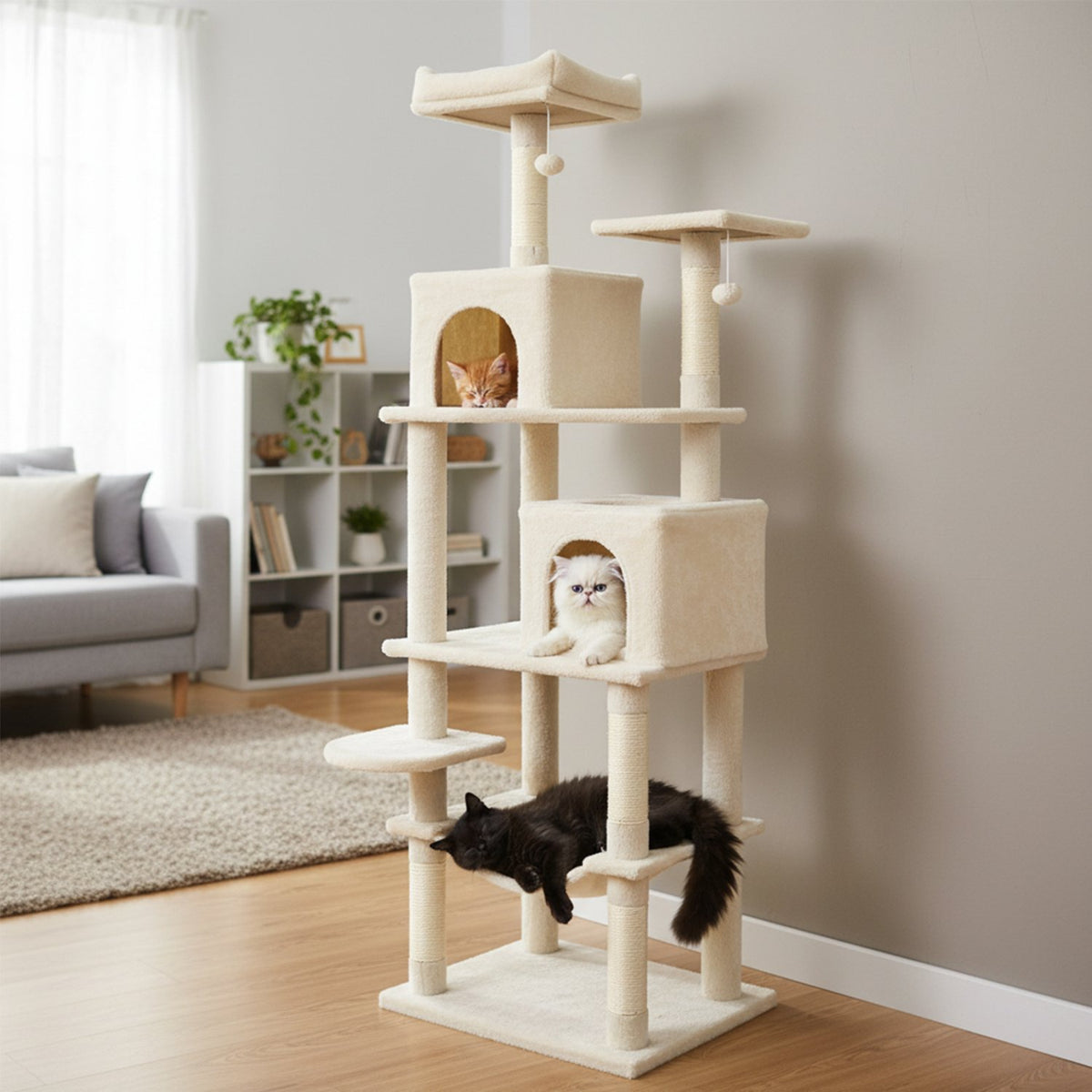 Multi-level Cat Tree Modern Cat Tower with Upholstered Perch and 2 Cat Condo-Beige view 2