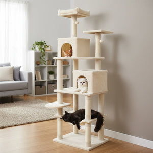Multi-level Cat Tree Modern Cat Tower with Upholstered Perch and 2 Cat Condo-Beige view 2