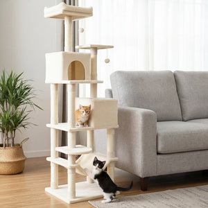 Multi-level Cat Tree Modern Cat Tower with Upholstered Perch and 2 Cat Condo-Beige view 3