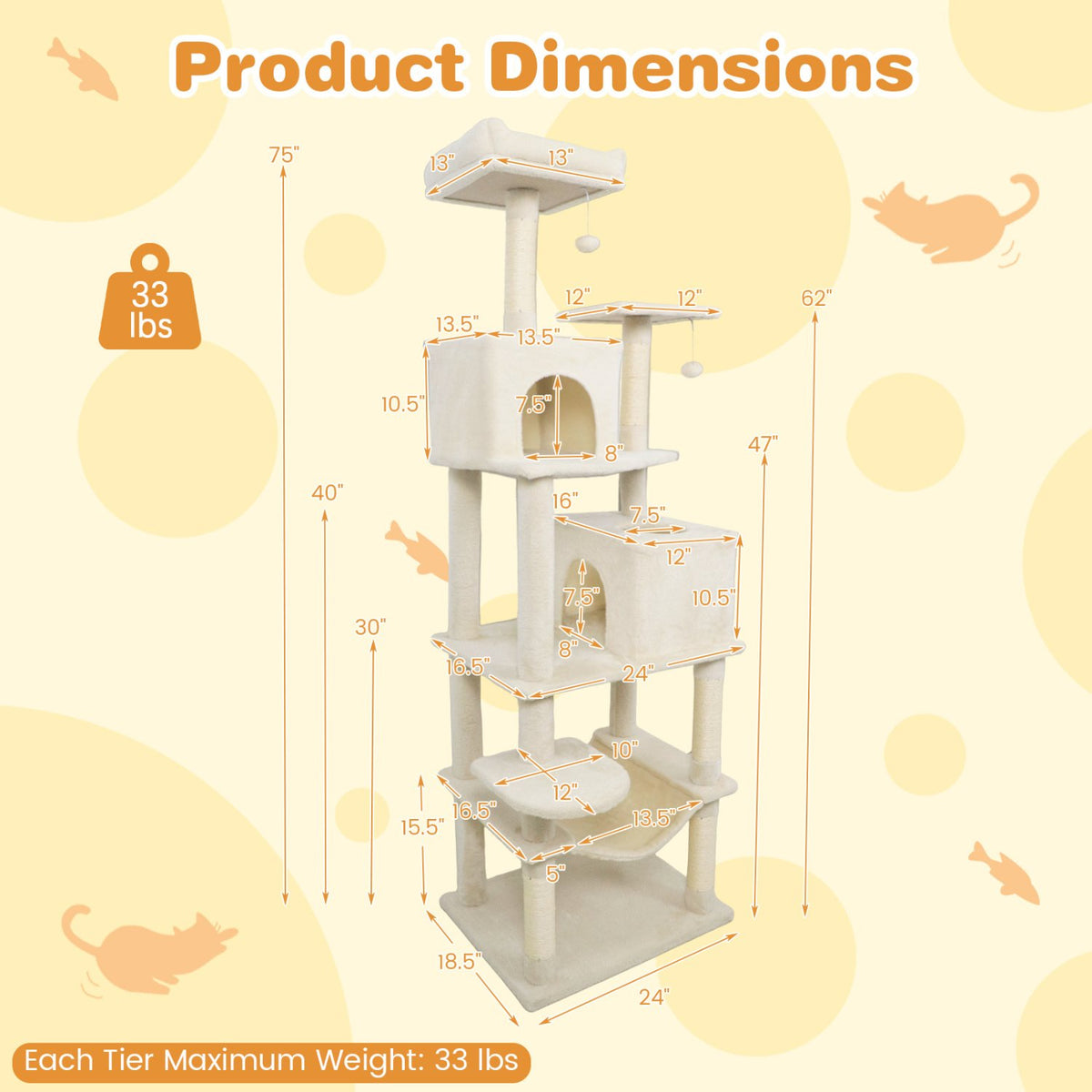 Multi-level Cat Tree Modern Cat Tower with Upholstered Perch and 2 Cat Condo-Beige view 5