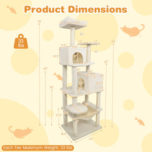 Multi-level Cat Tree Modern Cat Tower with Upholstered Perch and 2 Cat Condo-Beige view 5