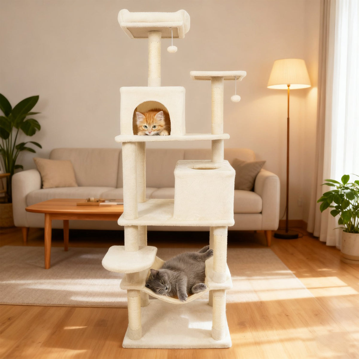 Multi-level Cat Tree Modern Cat Tower with Upholstered Perch and 2 Cat Condo-Beige view 6