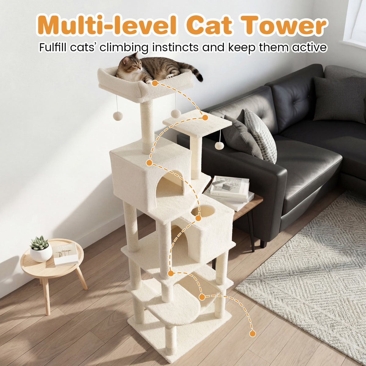 Multi-level Cat Tree Modern Cat Tower with Upholstered Perch and 2 Cat Condo-Beige view 7