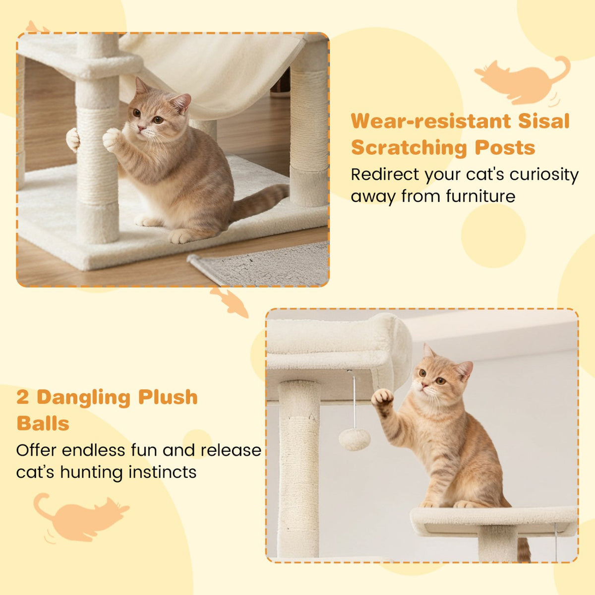 Multi-level Cat Tree Modern Cat Tower with Upholstered Perch and 2 Cat Condo-Beige view 9