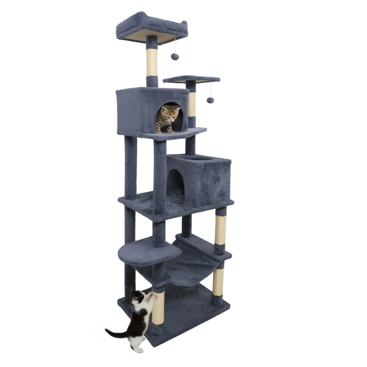Multi-level Cat Tree Modern Cat Tower with Upholstered Perch and 2 Cat Condo-Dark Gray