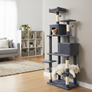 Multi-level Cat Tree Modern Cat Tower with Upholstered Perch and 2 Cat Condo-Dark Gray view 2