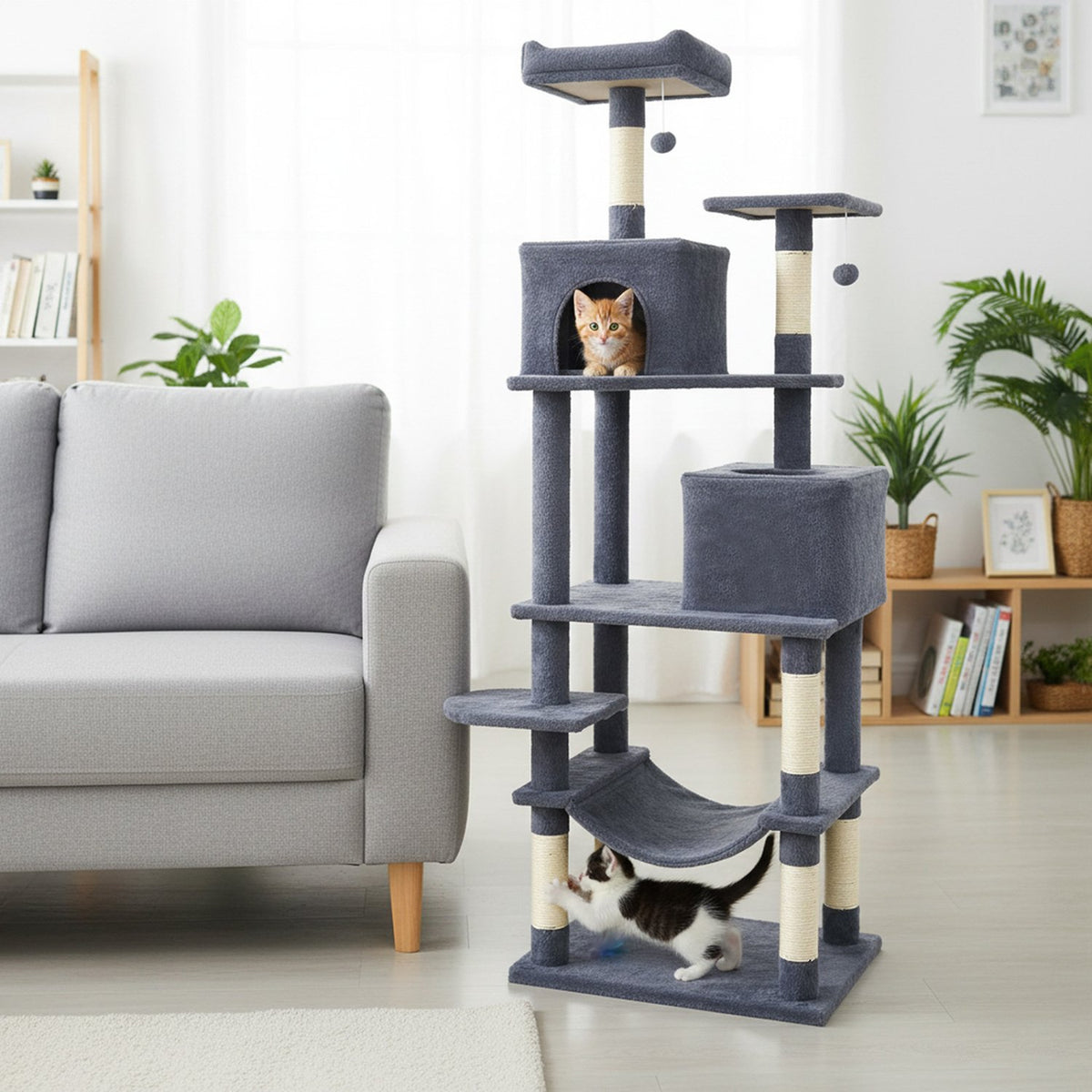 Multi-level Cat Tree Modern Cat Tower with Upholstered Perch and 2 Cat Condo-Dark Gray view 3