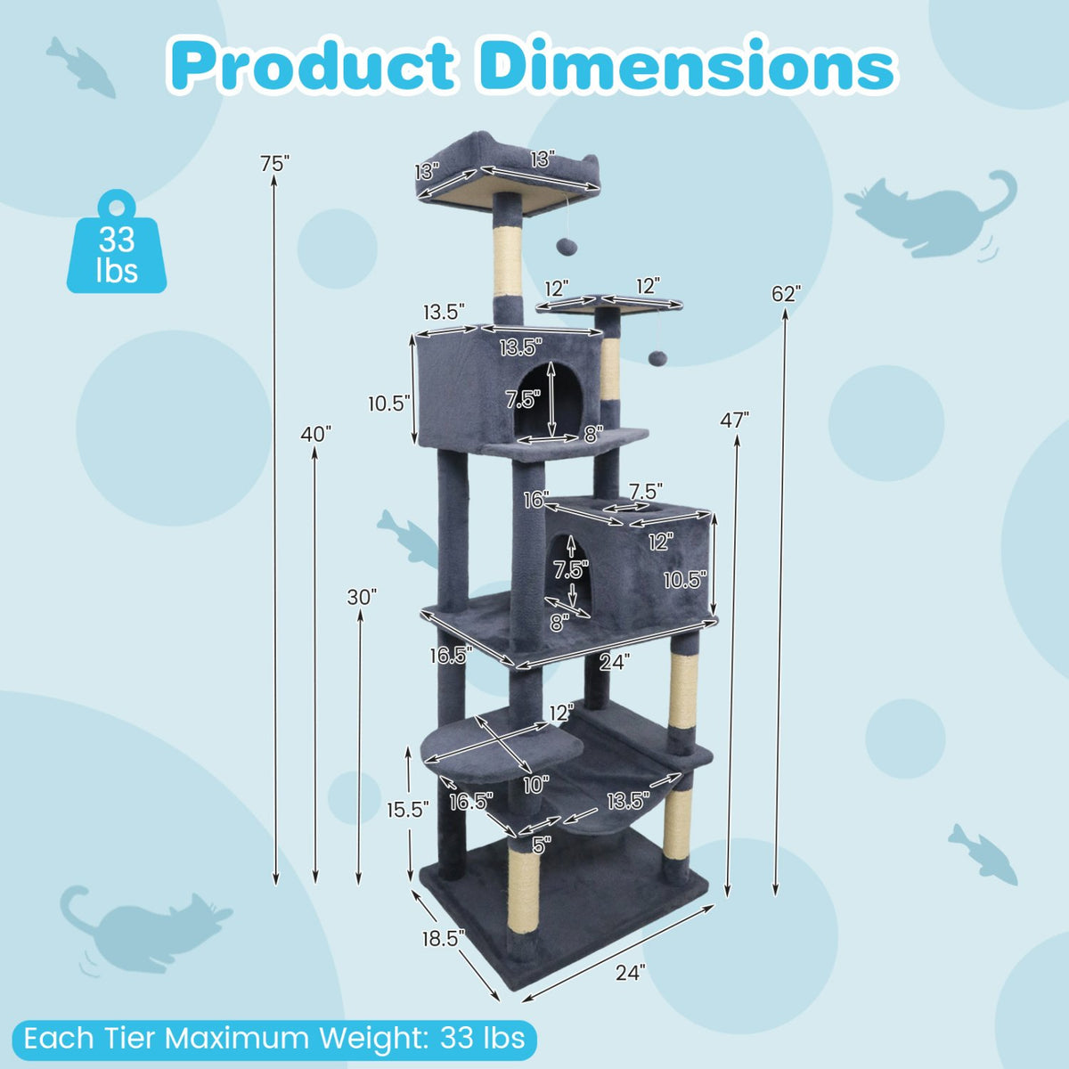 Multi-level Cat Tree Modern Cat Tower with Upholstered Perch and 2 Cat Condo-Dark Gray view 5