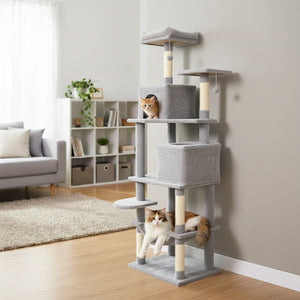 Multi-level Cat Tree Modern Cat Tower with Upholstered Perch and 2 Cat Condo-Gray view 2