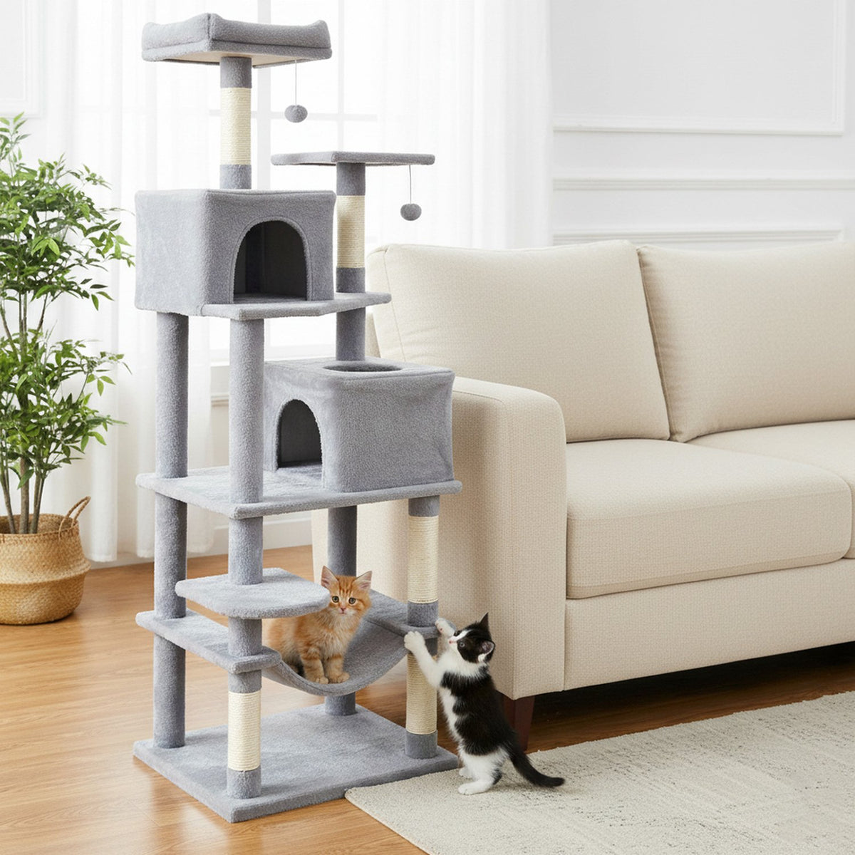 Multi-level Cat Tree Modern Cat Tower with Upholstered Perch and 2 Cat Condo-Gray view 3