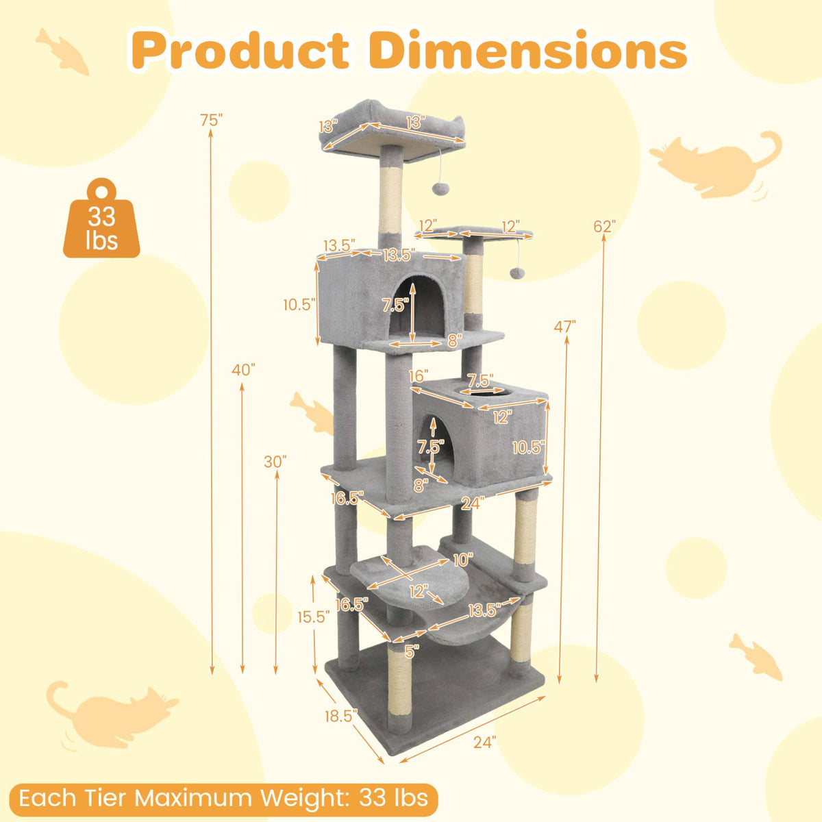 Multi-level Cat Tree Modern Cat Tower with Upholstered Perch and 2 Cat Condo-Gray view 5