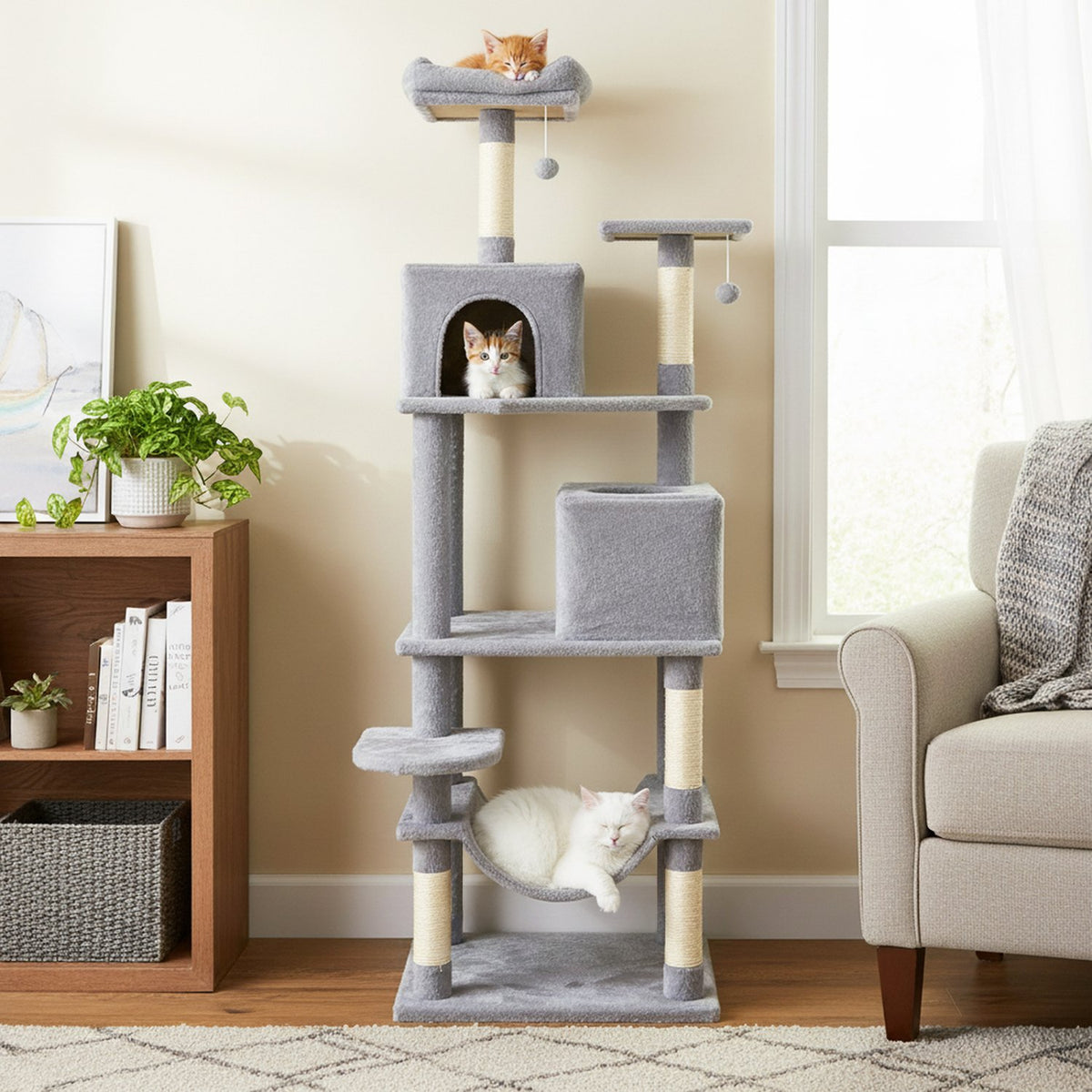 Multi-level Cat Tree Modern Cat Tower with Upholstered Perch and 2 Cat Condo-Gray view 6