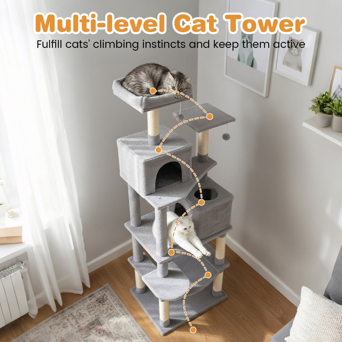 Multi-level Cat Tree Modern Cat Tower with Upholstered Perch and 2 Cat Condo-Gray view 7