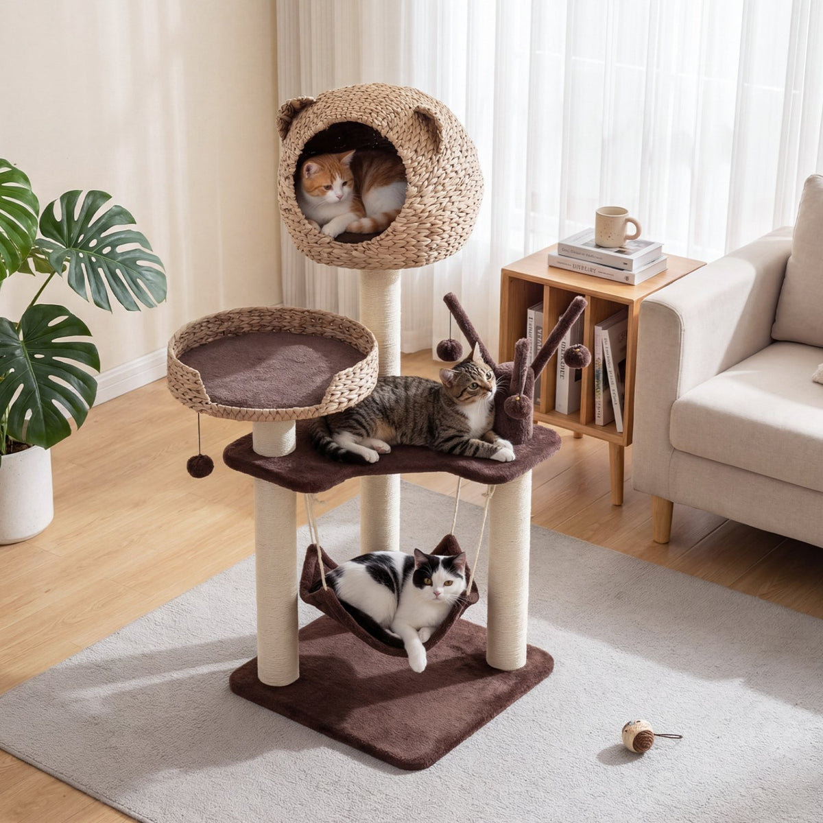 Multi-Level Cat Tree with Condo Hammock and Rotatable Hanging Balls-Brown view 2