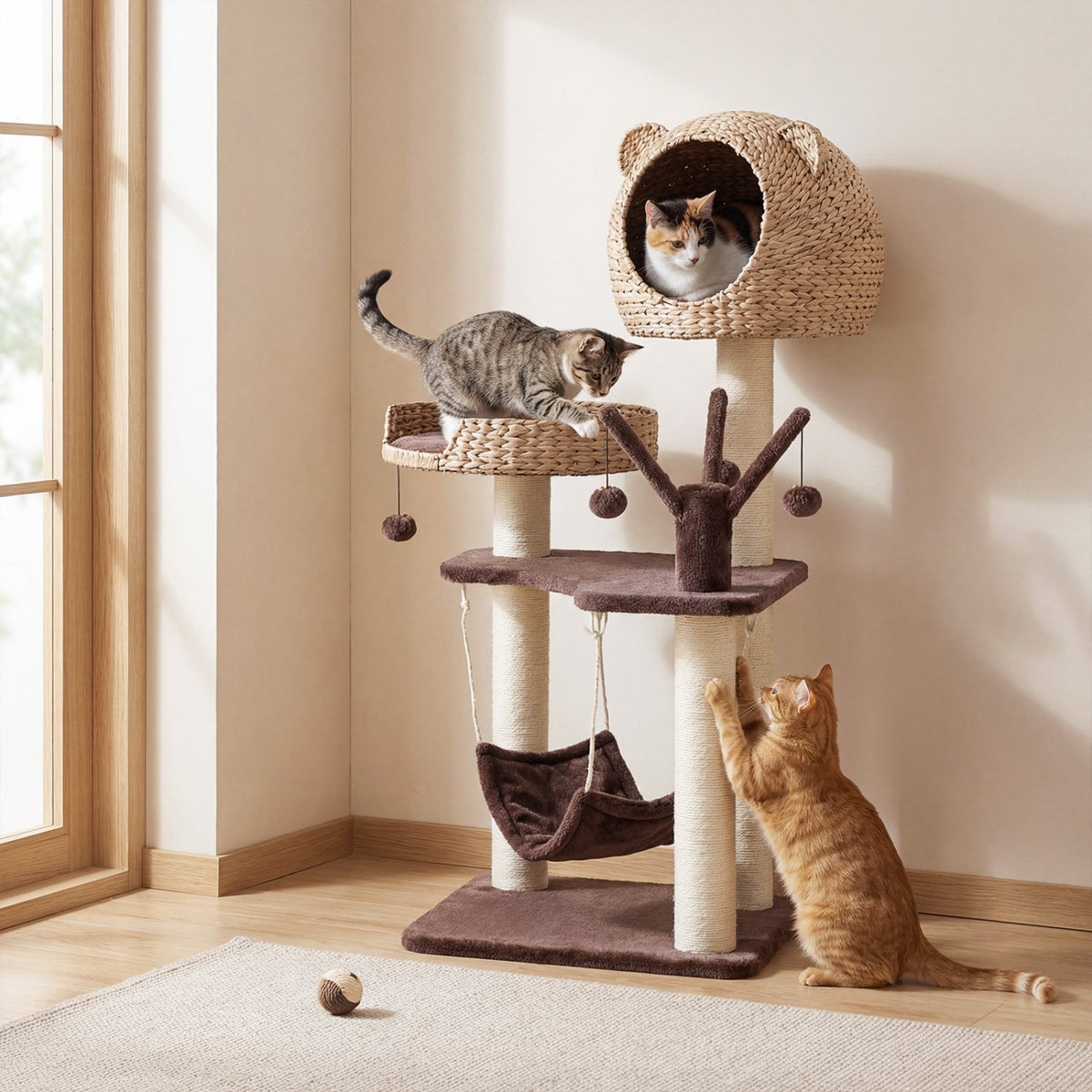 Multi-Level Cat Tree with Condo Hammock and Rotatable Hanging Balls-Brown view 3