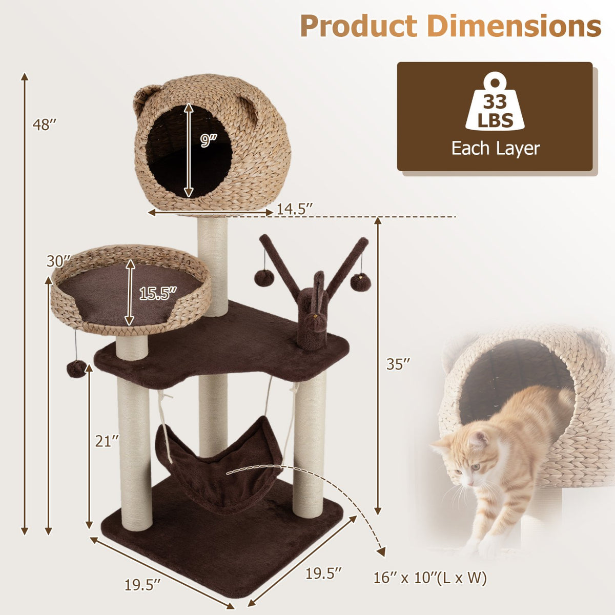 Multi-Level Cat Tree with Condo Hammock and Rotatable Hanging Balls-Brown view 5