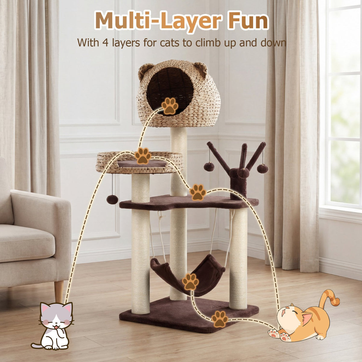 Multi-Level Cat Tree with Condo Hammock and Rotatable Hanging Balls-Brown view 6