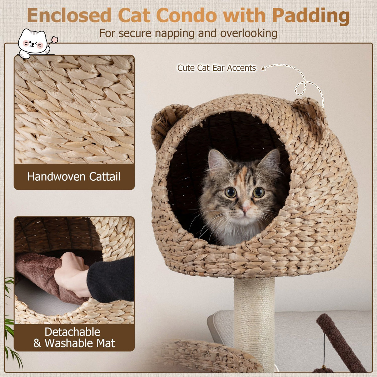 Multi-Level Cat Tree with Condo Hammock and Rotatable Hanging Balls-Brown view 7