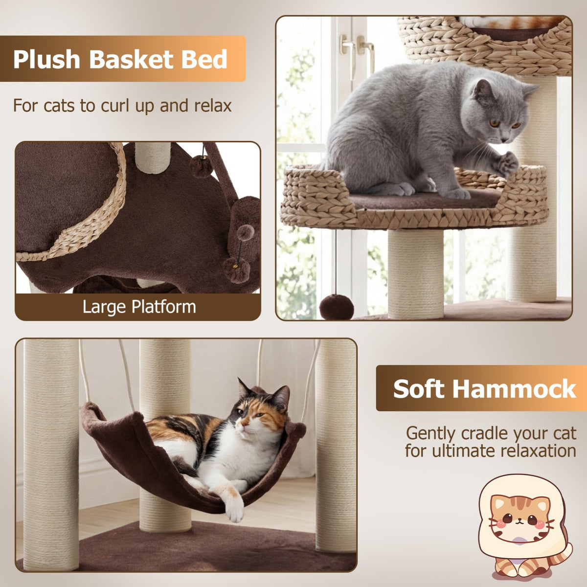 Multi-Level Cat Tree with Condo Hammock and Rotatable Hanging Balls-Brown view 8
