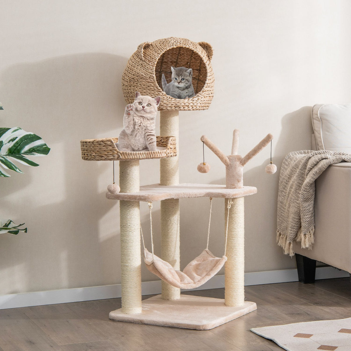 Multi-Level Cat Tree with Condo Hammock and Rotatable Hanging Balls-Natural view 2
