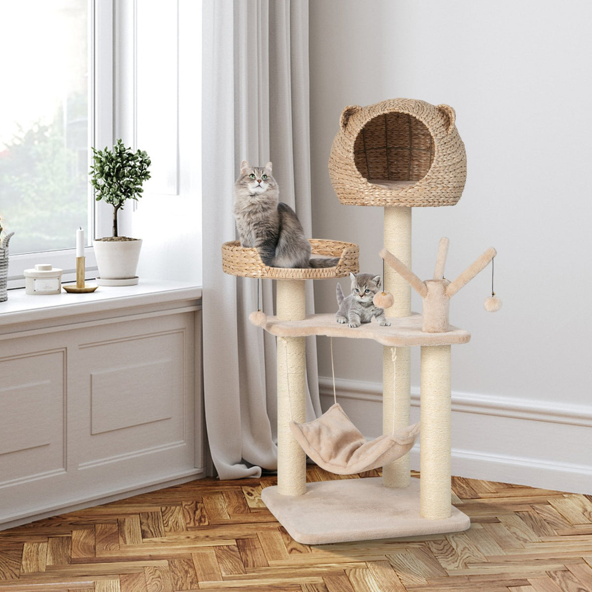 Multi-Level Cat Tree with Condo Hammock and Rotatable Hanging Balls-Natural view 3