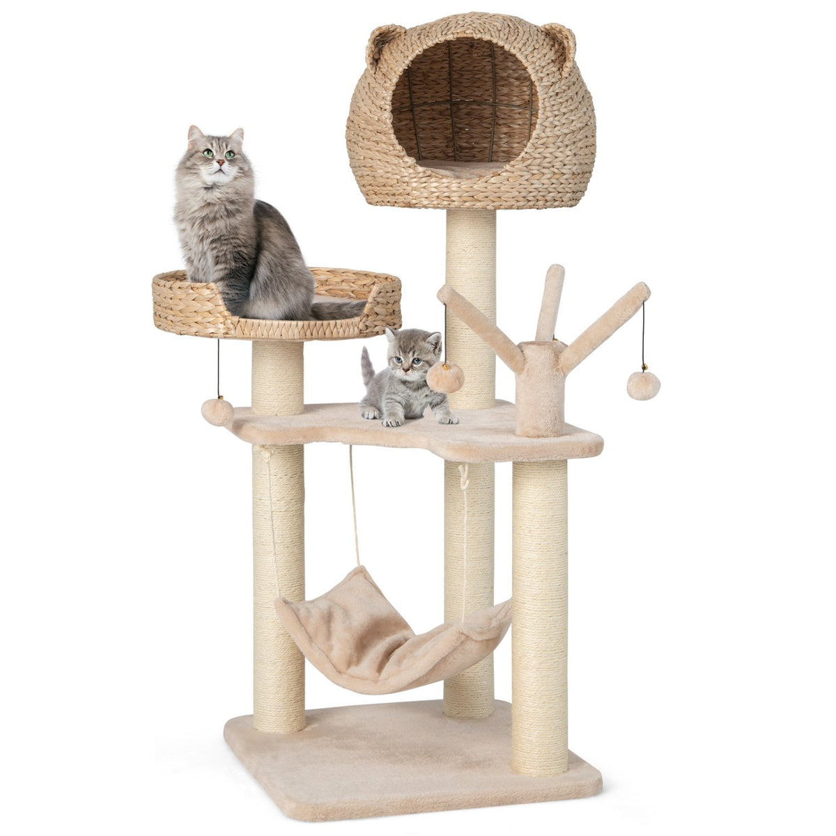 Multi-Level Cat Tree with Condo Hammock and Rotatable Hanging Balls-Natural view 4