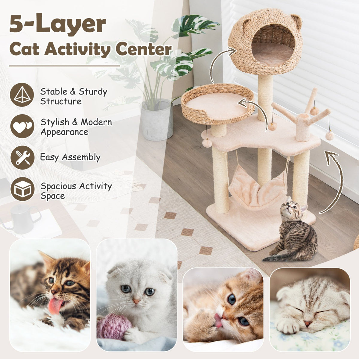 Multi-Level Cat Tree with Condo Hammock and Rotatable Hanging Balls-Natural view 6