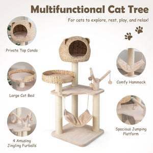 Multi-Level Cat Tree with Condo Hammock and Rotatable Hanging Balls-Natural view 9