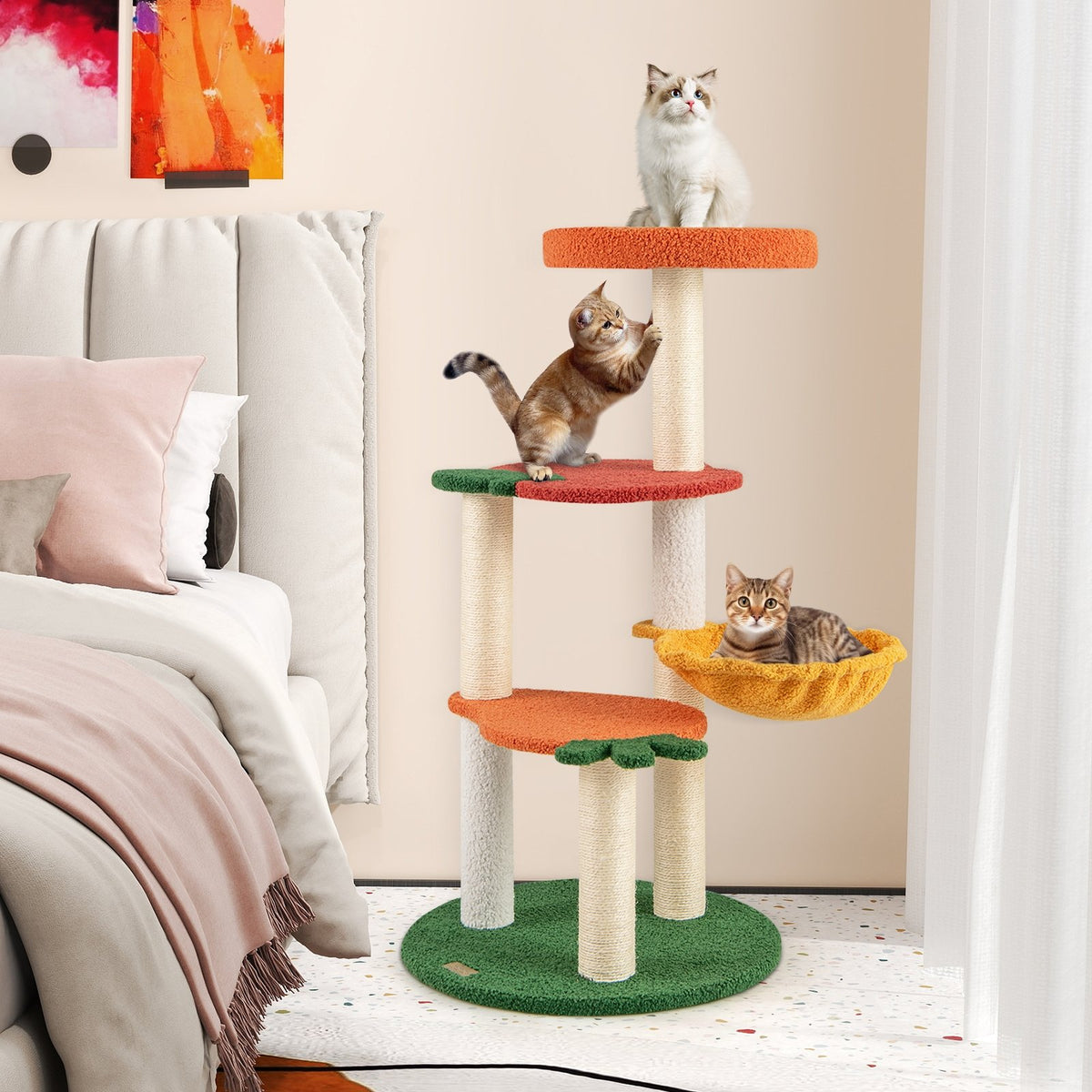 Multi-level Cat Tree Pet Activity Center with Fruit-shaped Platforms-Red and Orange view 3