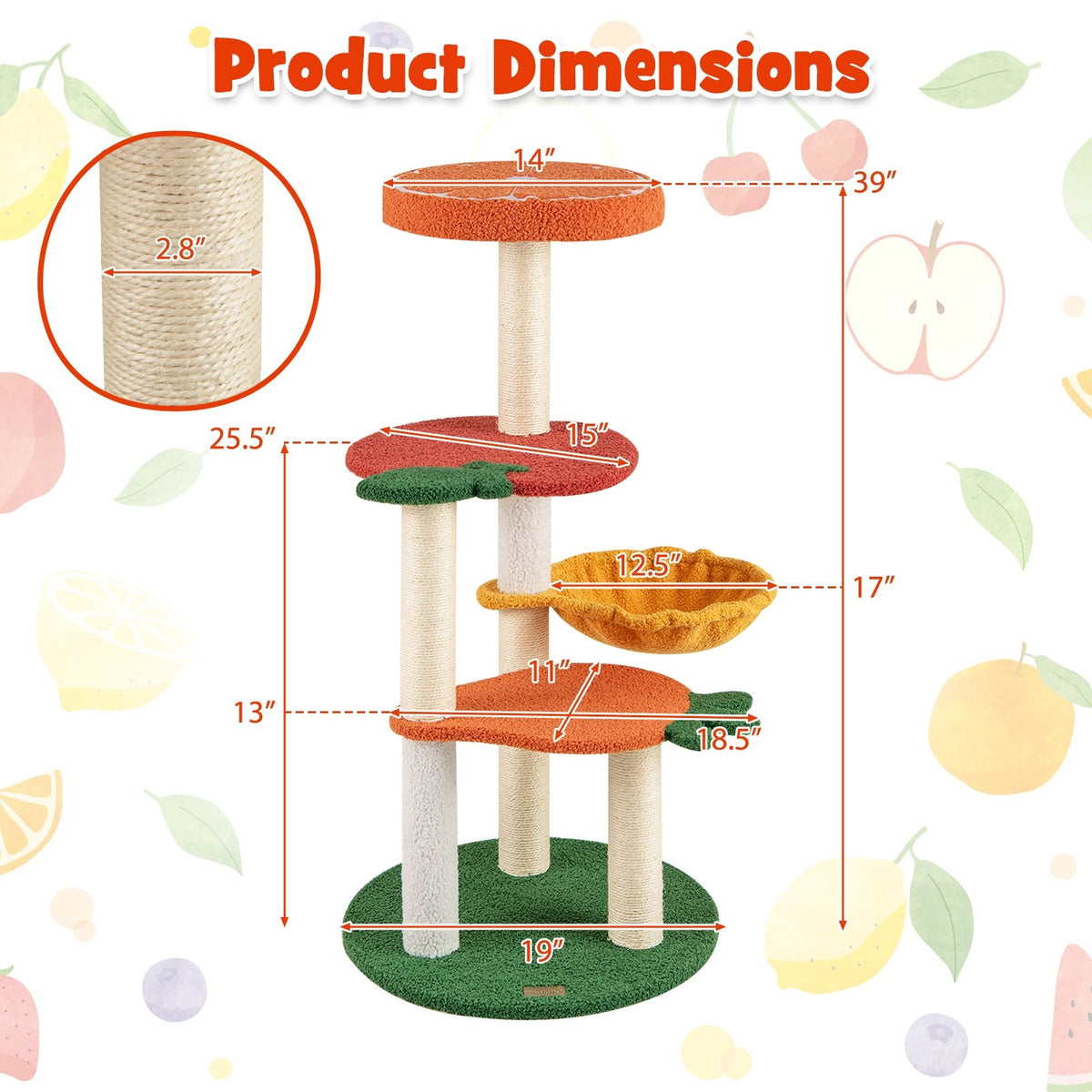 Multi-level Cat Tree Pet Activity Center with Fruit-shaped Platforms-Red and Orange view 5
