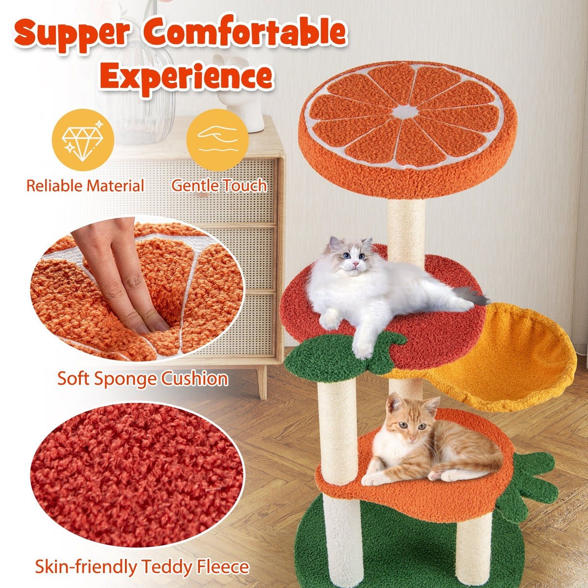 Multi-level Cat Tree Pet Activity Center with Fruit-shaped Platforms-Red and Orange view 7