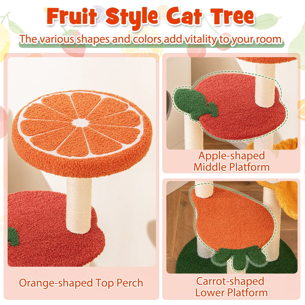 Multi-level Cat Tree Pet Activity Center with Fruit-shaped Platforms-Red and Orange view 8
