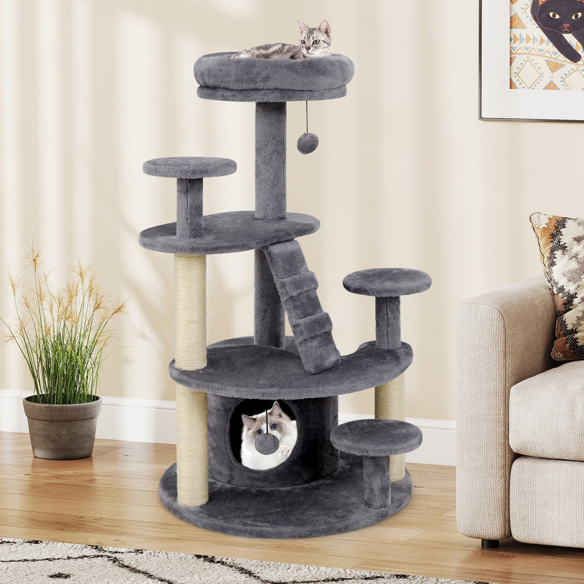 Multi-level Kitty Tower with Condo and Climbing Ladder-Gray view 2