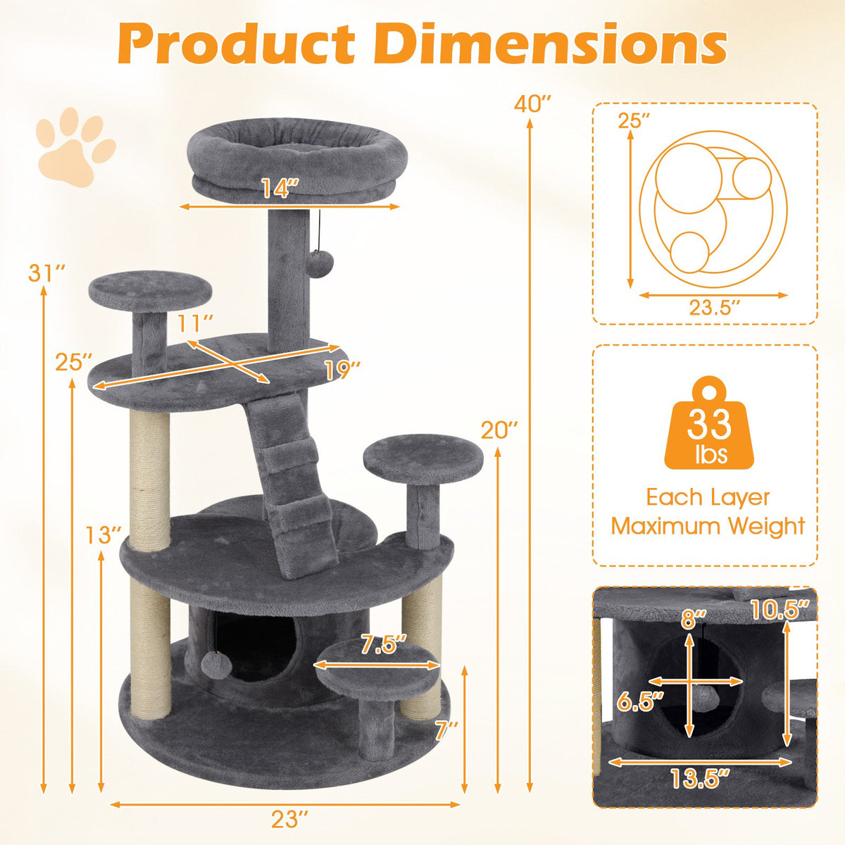 Multi-level Kitty Tower with Condo and Climbing Ladder-Gray view 5