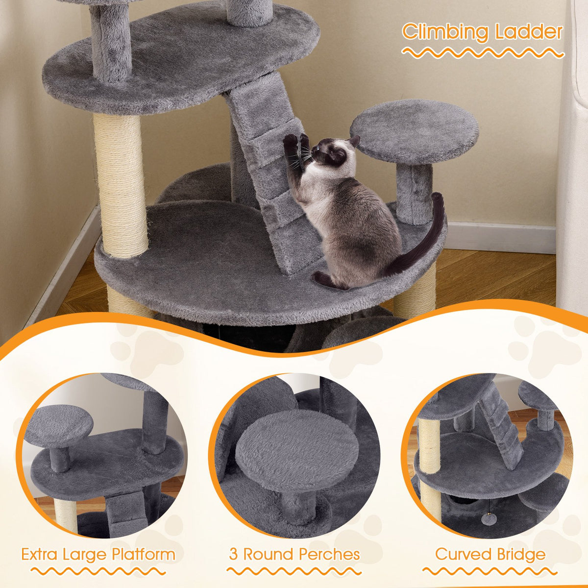 Multi-level Kitty Tower with Condo and Climbing Ladder-Gray view 7