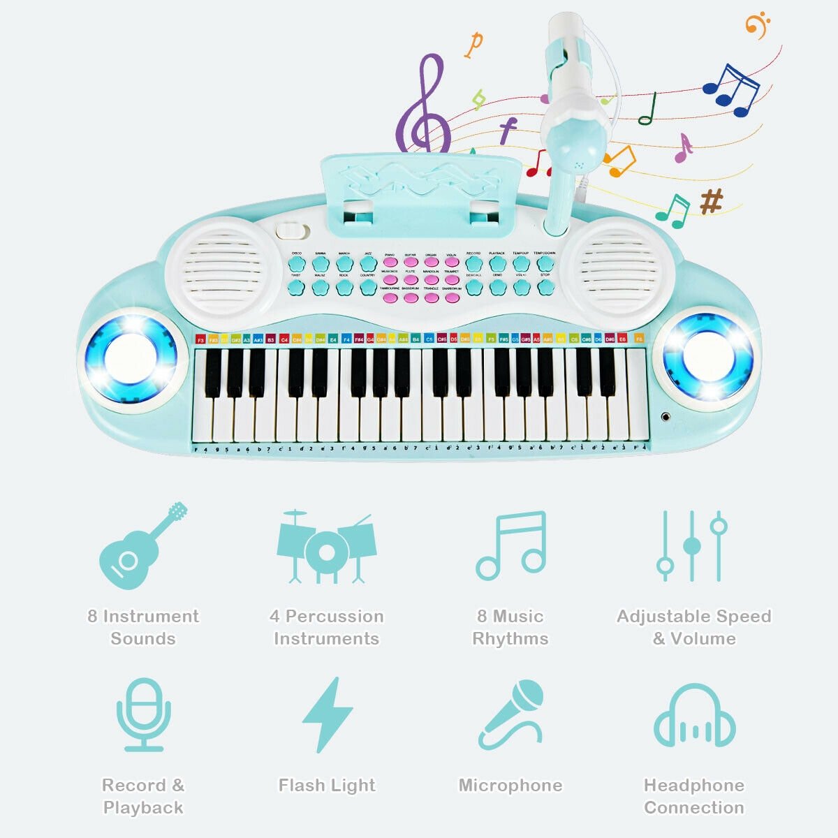Multifunctional 37 Electric Keyboard Piano with Microphone-Blue view 7