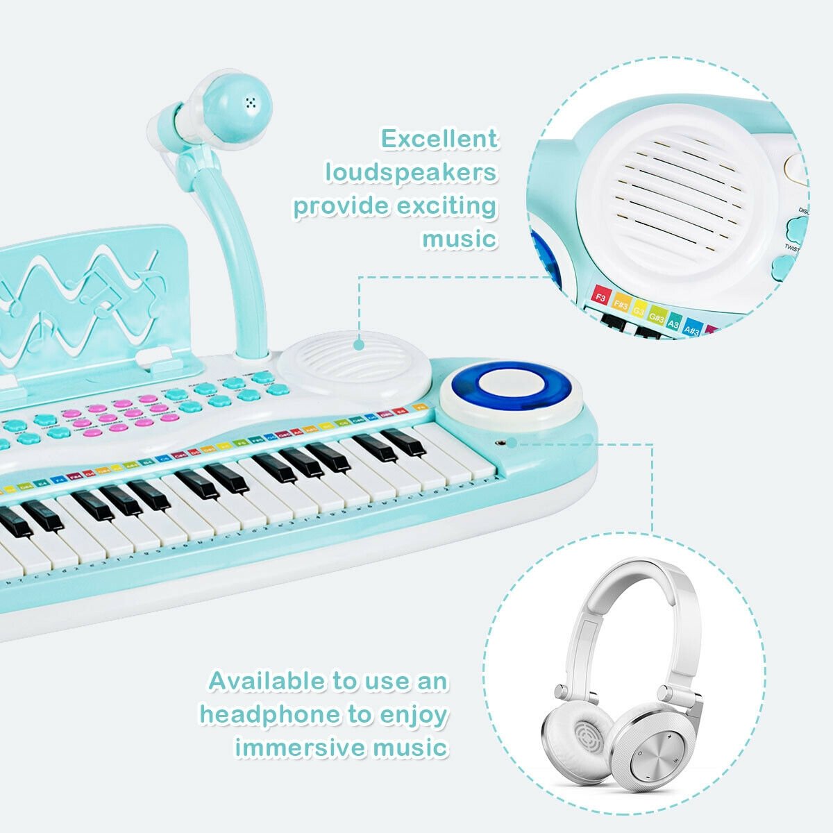 Multifunctional 37 Electric Keyboard Piano with Microphone-Blue view 8